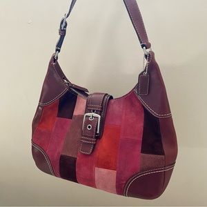 Vintage Coach Patchwork Suede Leather Shoulder Bag Red Pink
